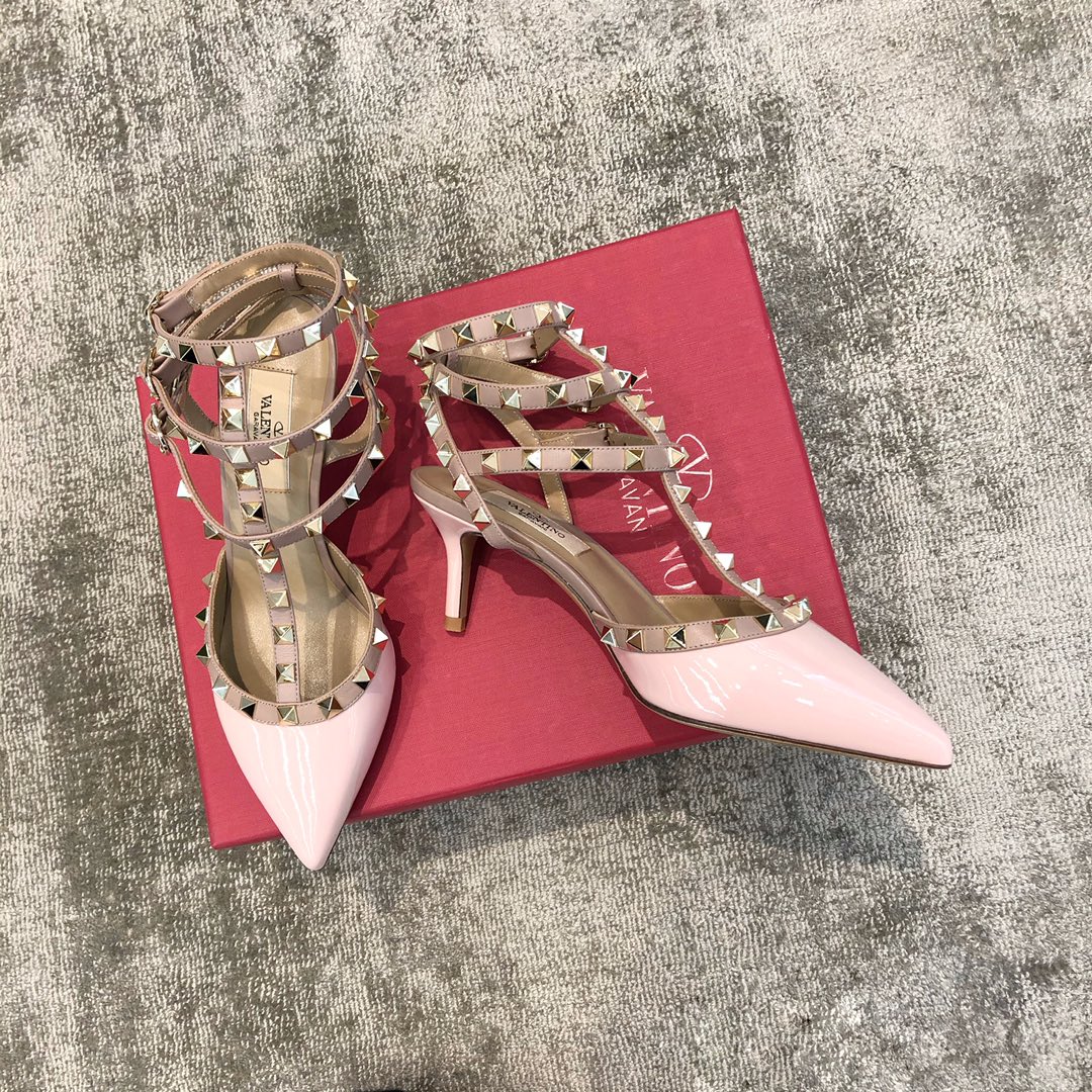 Valentino VT Collection Triple Strap Mid Heel 6.5cm Patent Leather Pink