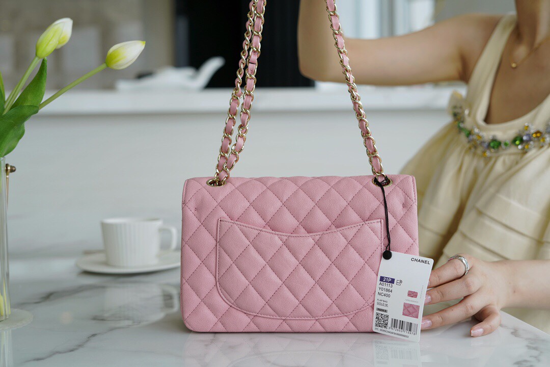 𝐂𝐇𝐀𝐍𝐄𝐋 Classic Flap France 🇫🇷 𝐇𝐚𝐚𝐬 Original Caviar🐂 Washed Fetal Cow Small 🌸Pink