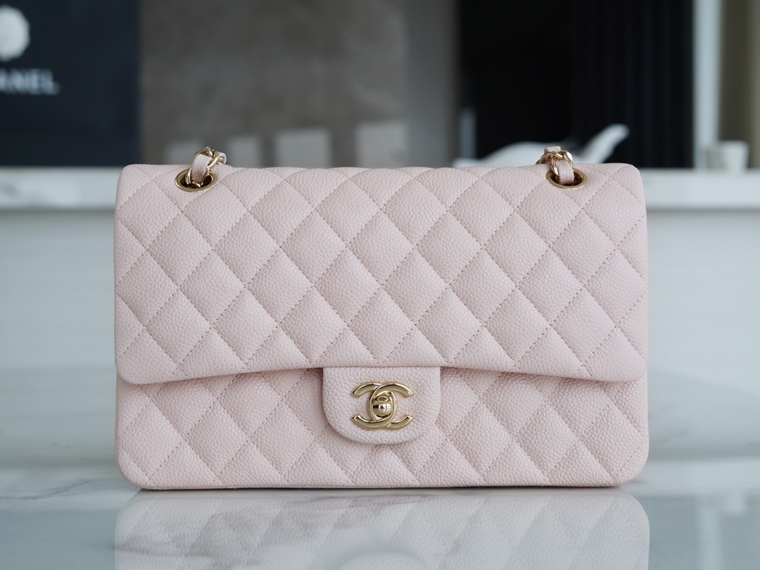 𝐂𝐇𝐀𝐍𝐄𝐋 Classic Flap France 🇫🇷 𝐇𝐚𝐚𝐬 Original Caviar🐂|Original Lychee Pattern🐂 Medium 🌸 Cherry Blossom Pink