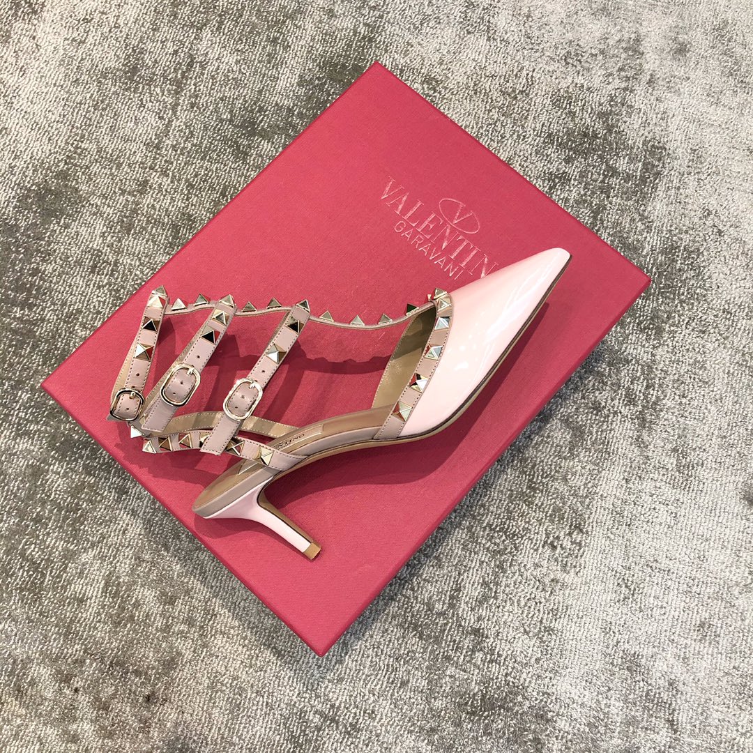 Valentino VT Collection Triple Strap Mid Heel 6.5cm Patent Leather Pink