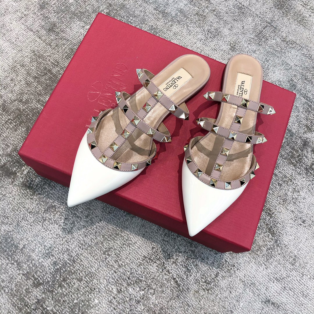 Valentino VT Collection Three Strap Flat Heel Slipper Patent Leather White