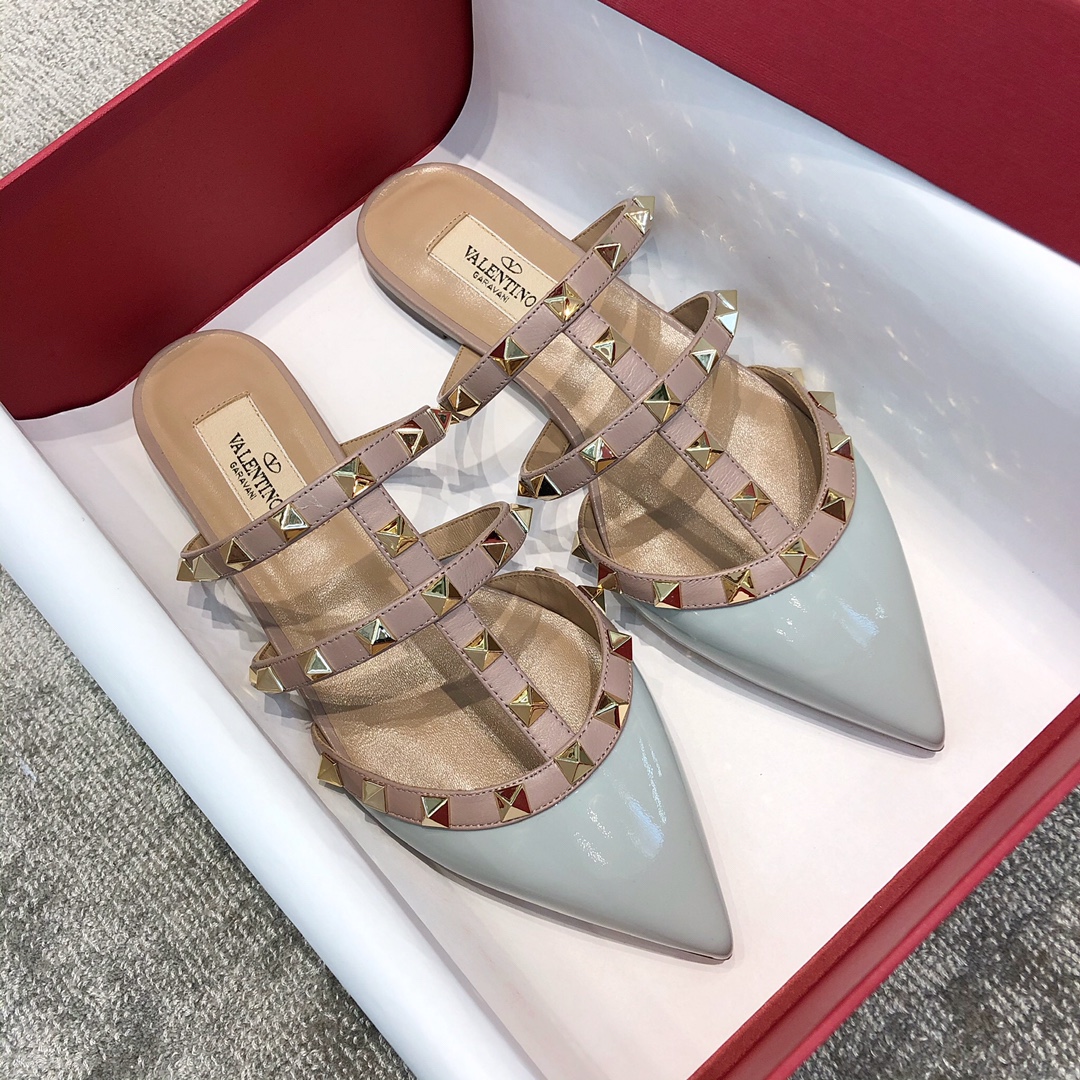 Valentino VT Collection Three Strap Flat Heel Slipper Patent Leather Blue