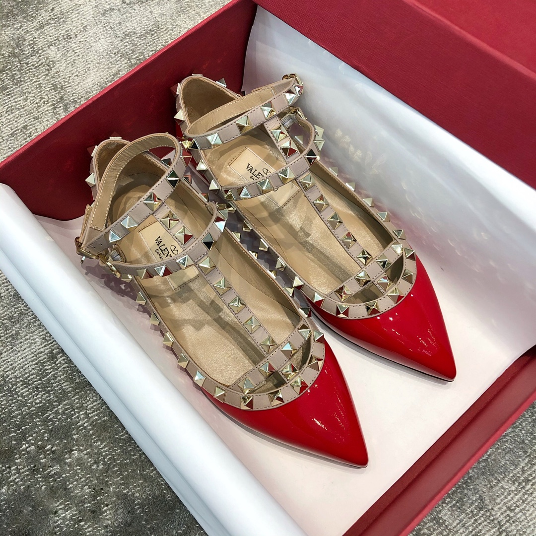 Valentino VT Collection Two Strap Flats Patent Leather Red