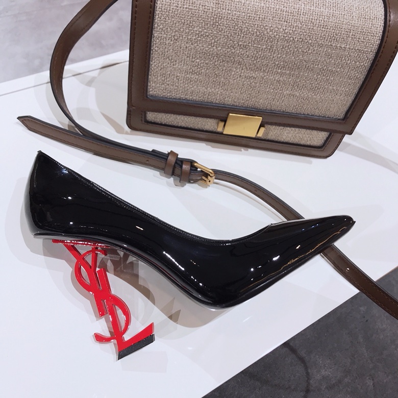 Saint Laurent classic model YSL logo heeled high heels using imported Italian cow patent leather