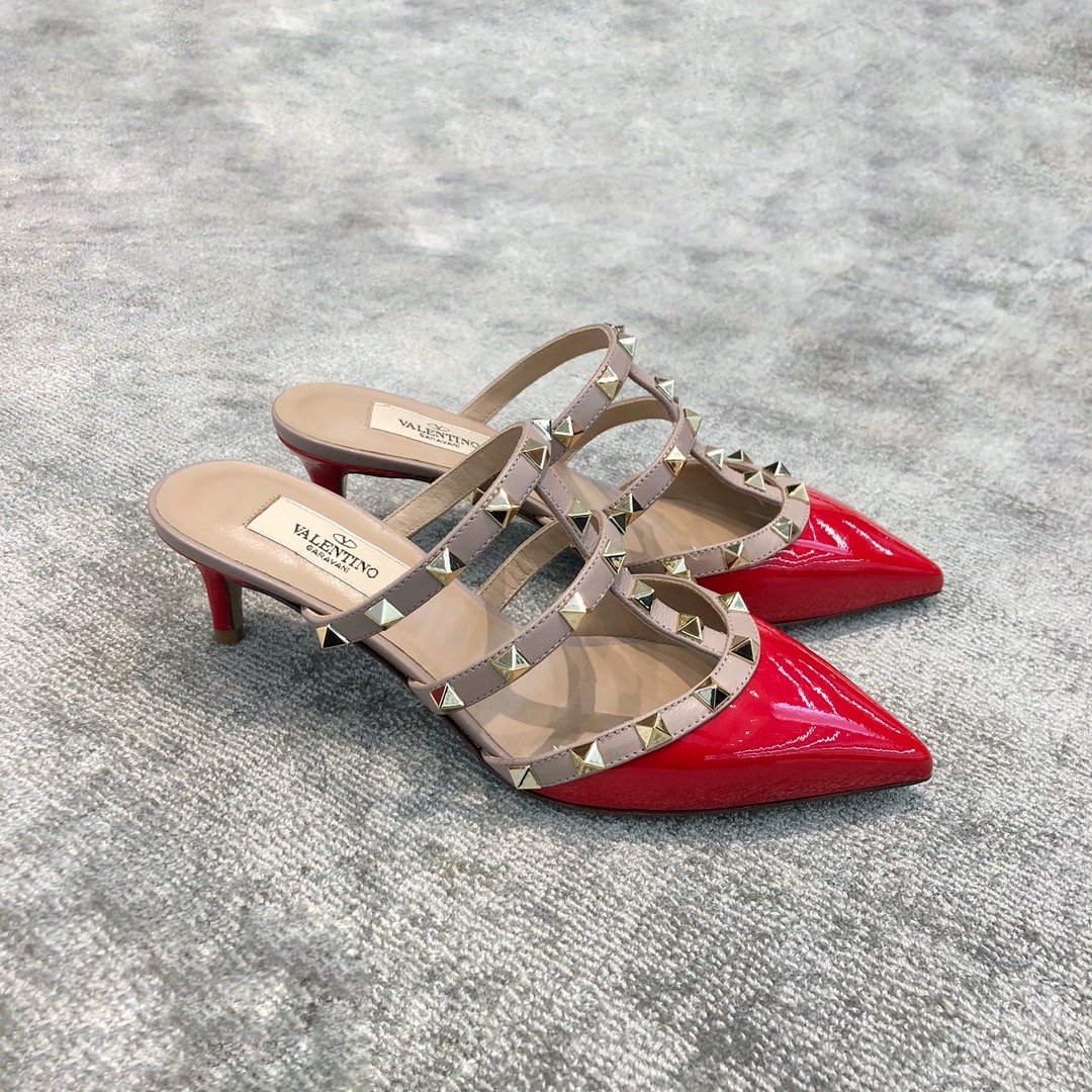 Valentino VT Collection Triple Strap Mid Heel Slipper 6.5CM Patent Leather Red