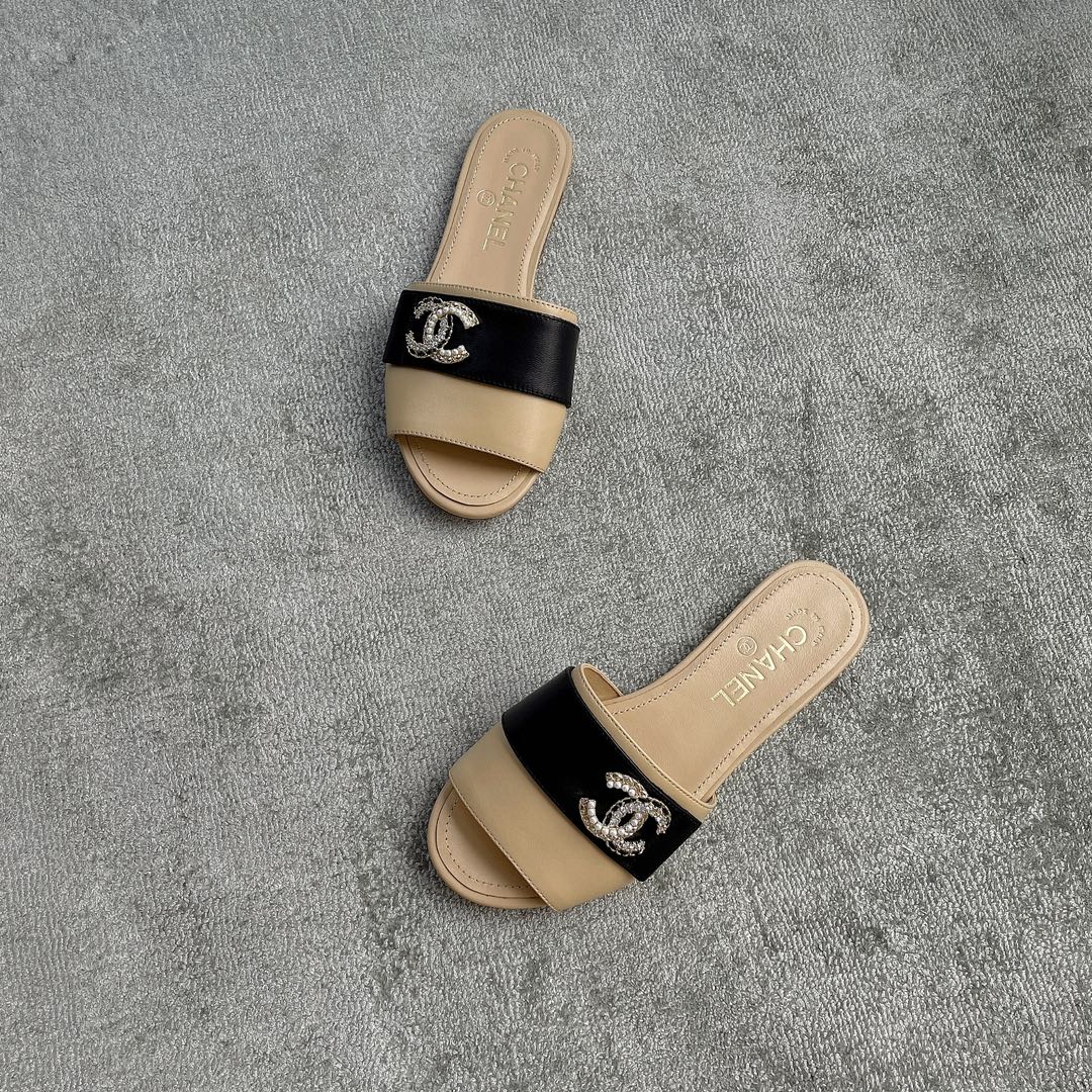 CHANEL Chanel slippers pearl leather strips and small diamond combination imported A grade sheepskin