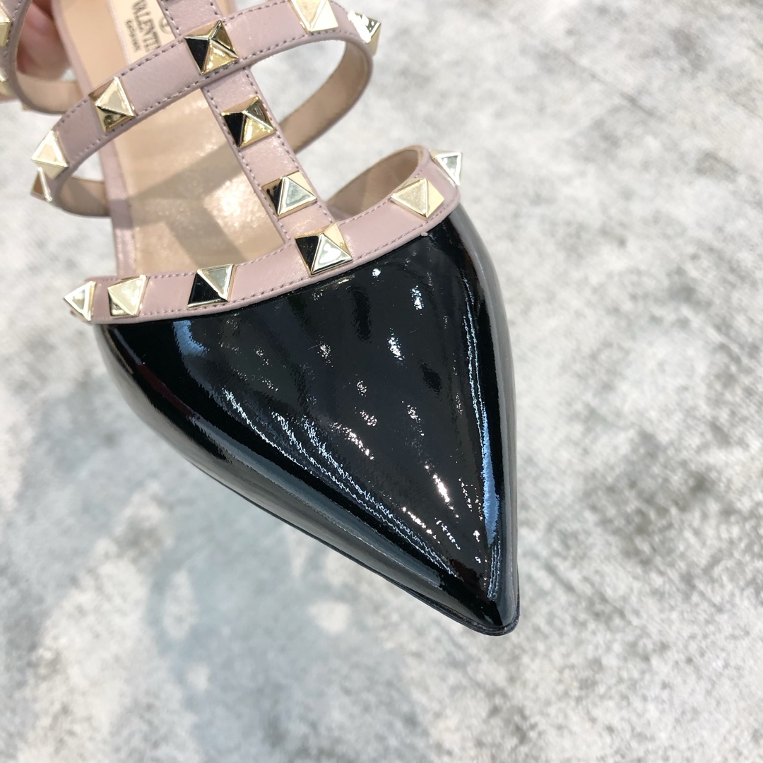 Valentino VT Collection Triple Strap Mid Heel Slipper 6.5CM Patent Leather Black