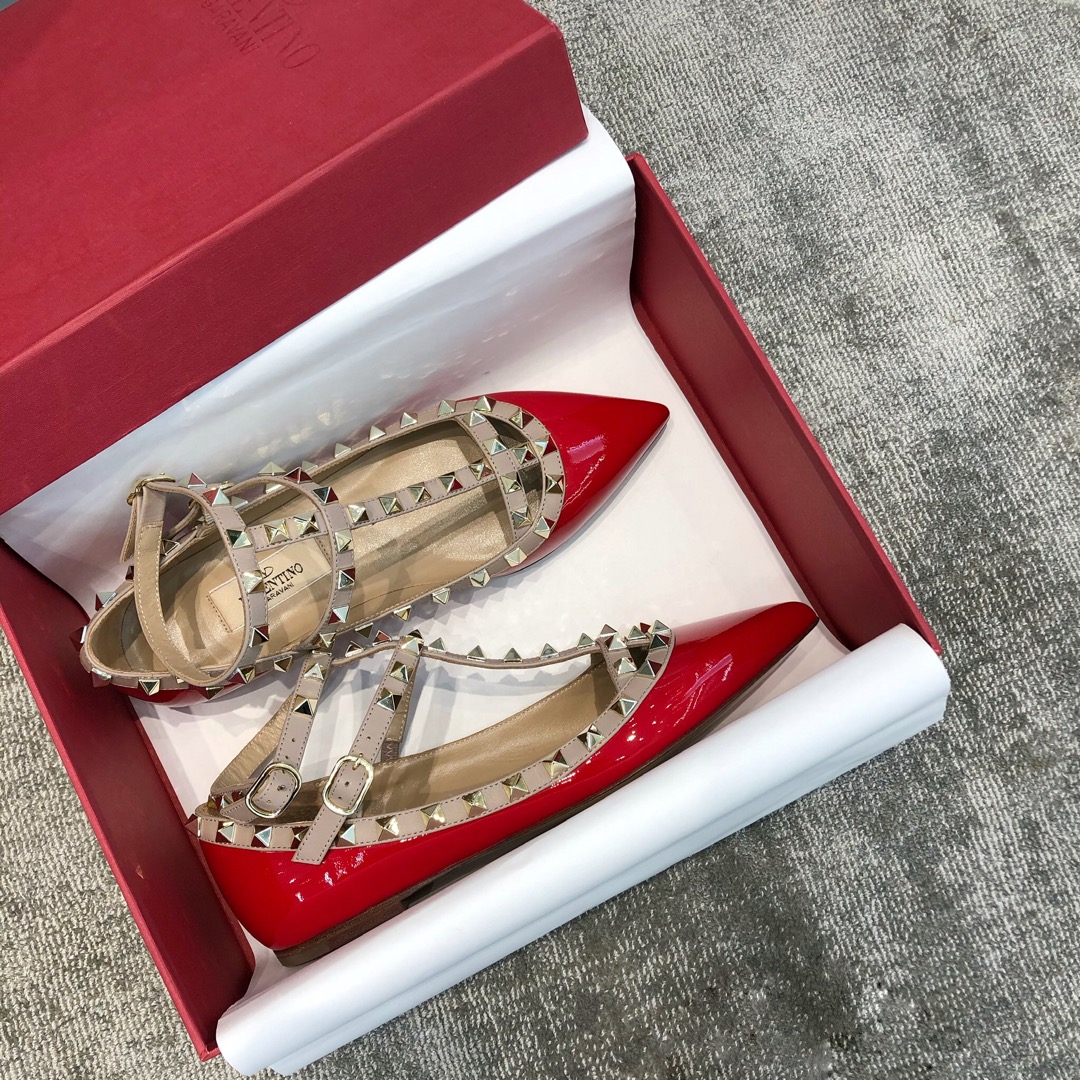 Valentino VT Collection Two Strap Flats Patent Leather Red
