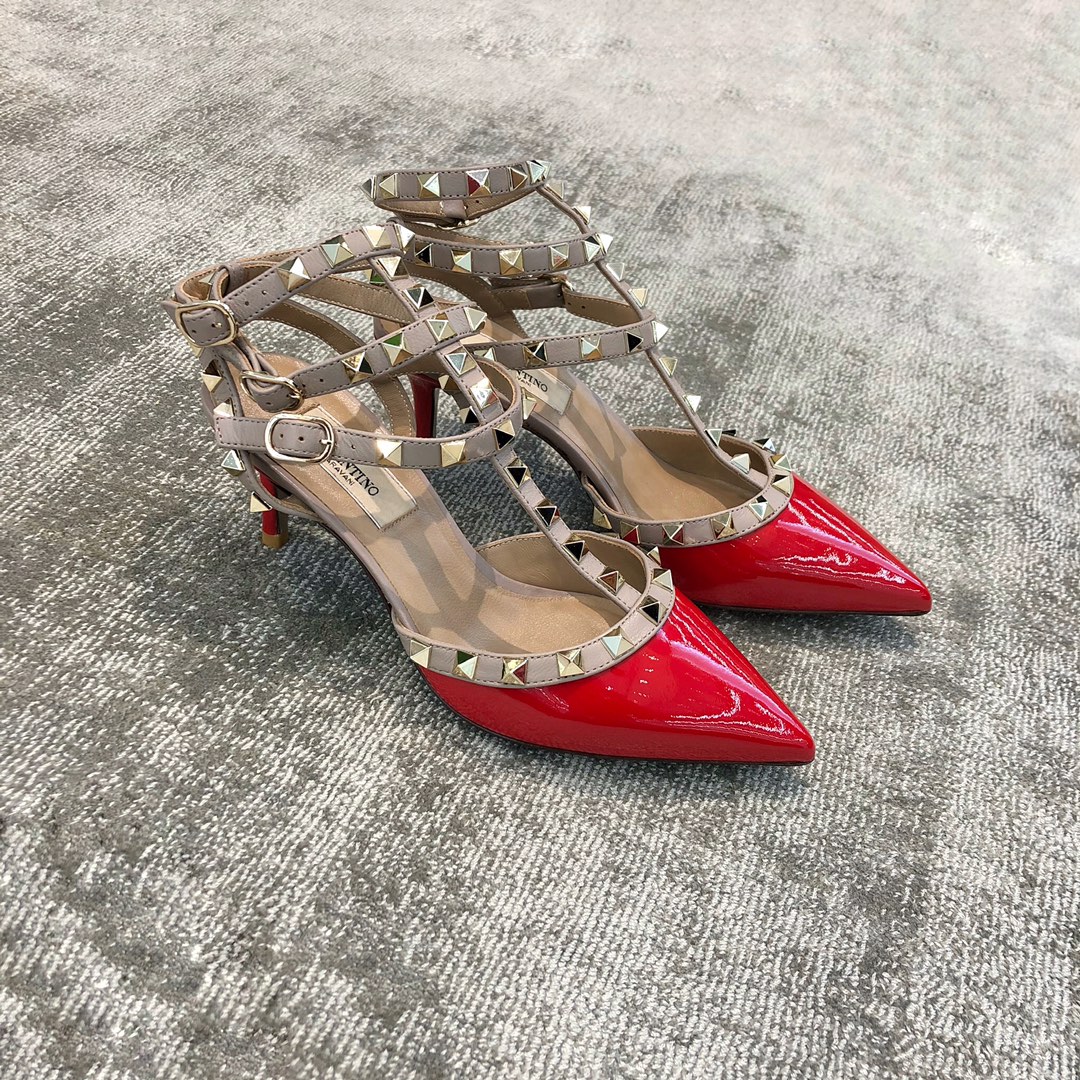 Valentino VT Collection Triple Strap Mid Heel 6.5cm Patent Leather Red