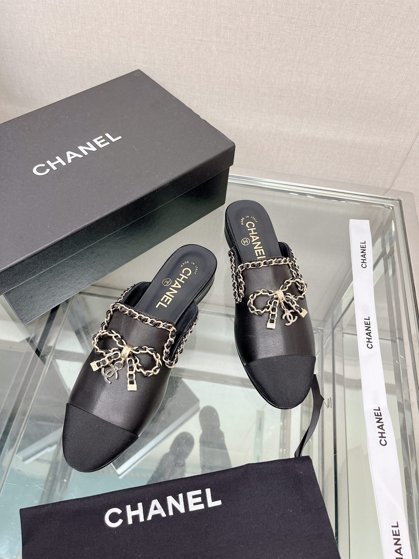 CHANEL 23Ss new chain bow half dragging mule shoes imported lambskin
