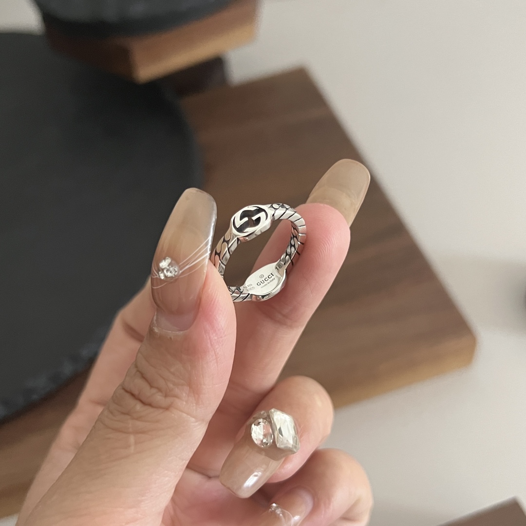 𝐆𝐮𝐜𝐜𝐢 925 sterling silver interlocking double G black enamel ring Size: 12# 14# 16# 18# 20# 22#