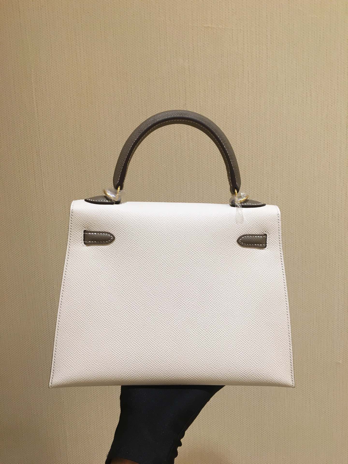 Kelly25cm epsom leather gold buckle milkshake white fight elephant gray