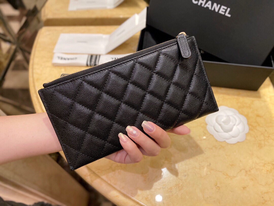 𝗖𝗛𝗔𝗘𝗡𝗟✦ Imported channel special fine grain embossed calfskin 🐂 Leboy Collection Zipper Clutch | Classic Black Gold 👑