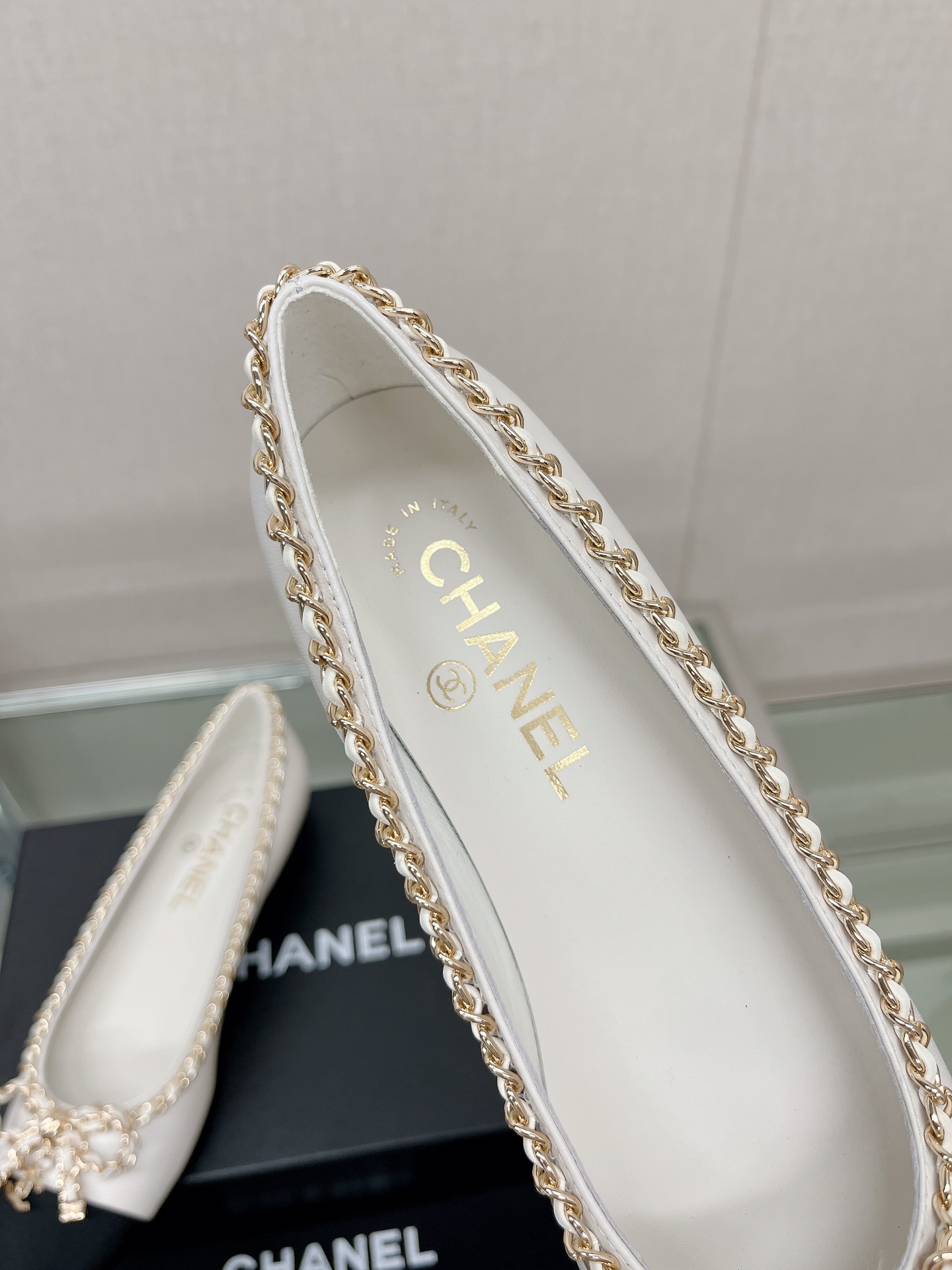 CHANEL 23Ss chain bow flat single shoes imported lambskin sheepskin lining