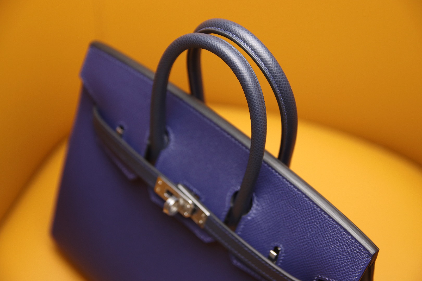 Birkin25 outer seam gemstone blue with midnight blue EPSOM silver buckle