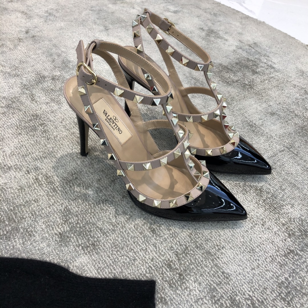 Valentino VT Collection Two Strap Mid Heel 10cm Patent Leather Black