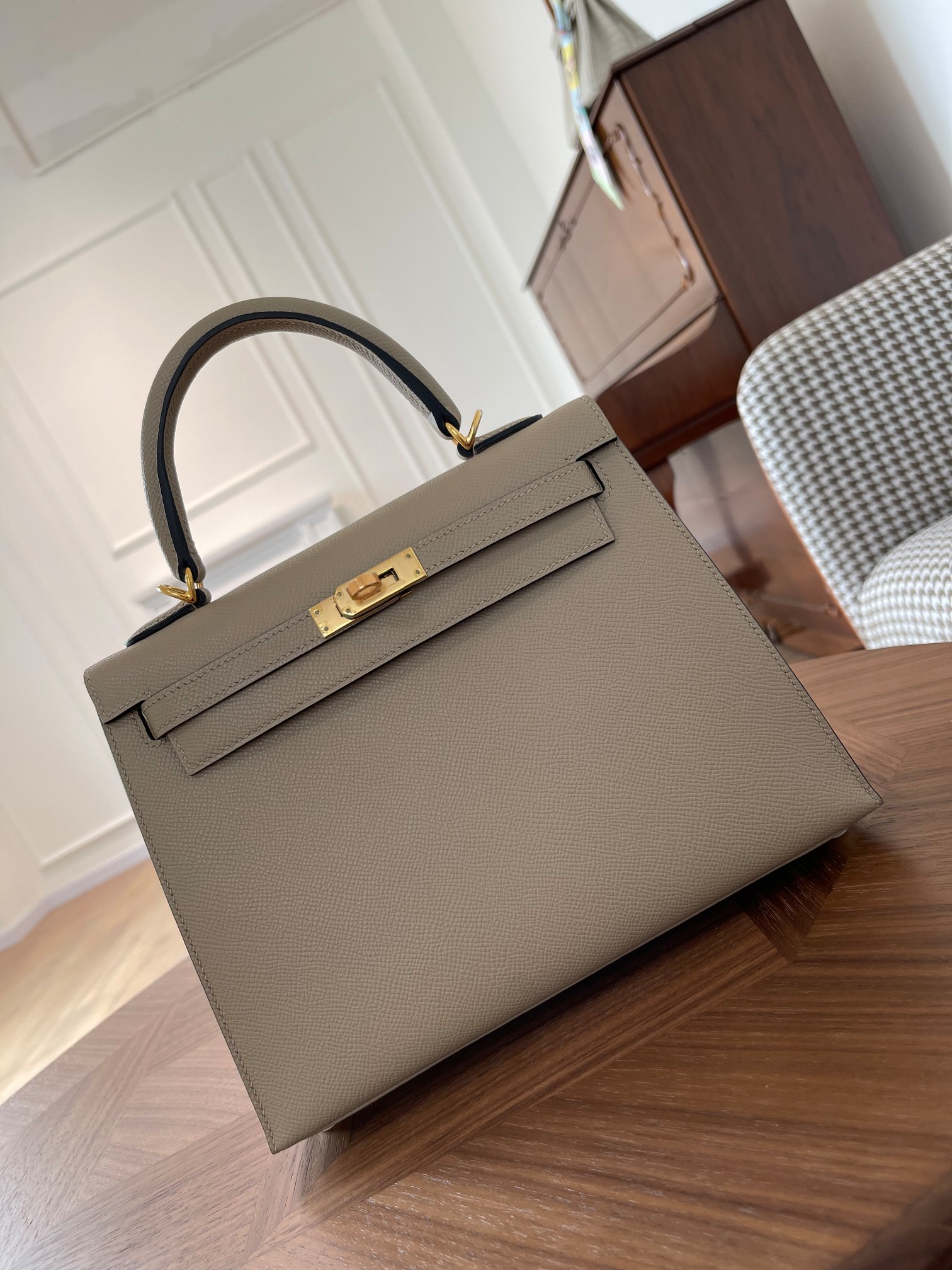 Kelly25 turtledove gray epsom leather gold buckle