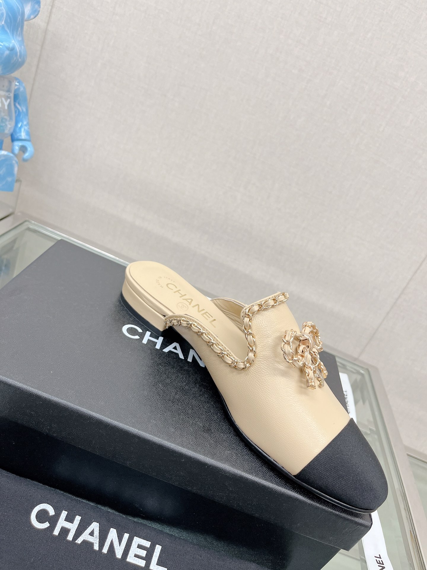 CHANEL 23Ss new chain bow half dragging mule shoes imported lambskin