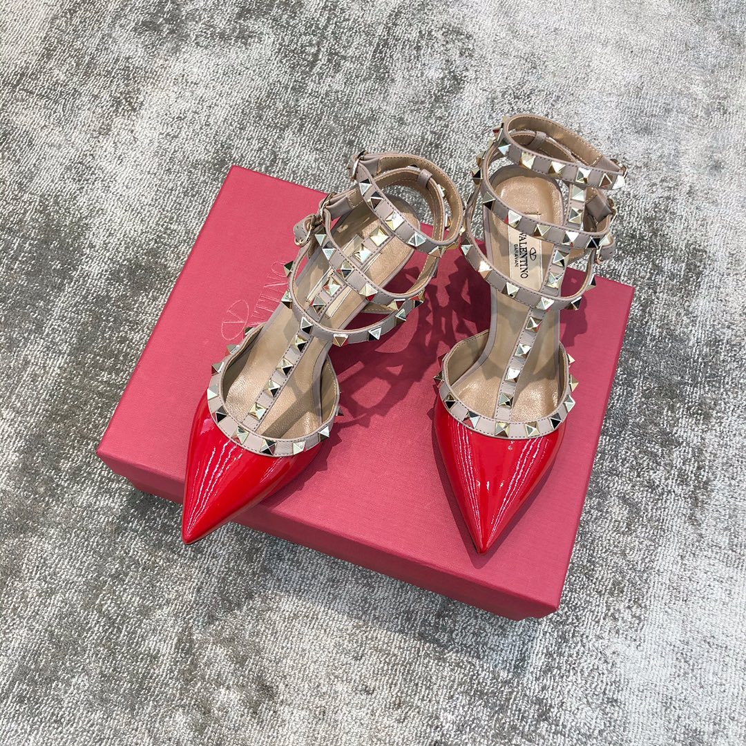 Valentino VT Collection Triple Strap Mid Heel 6.5cm Patent Leather Red