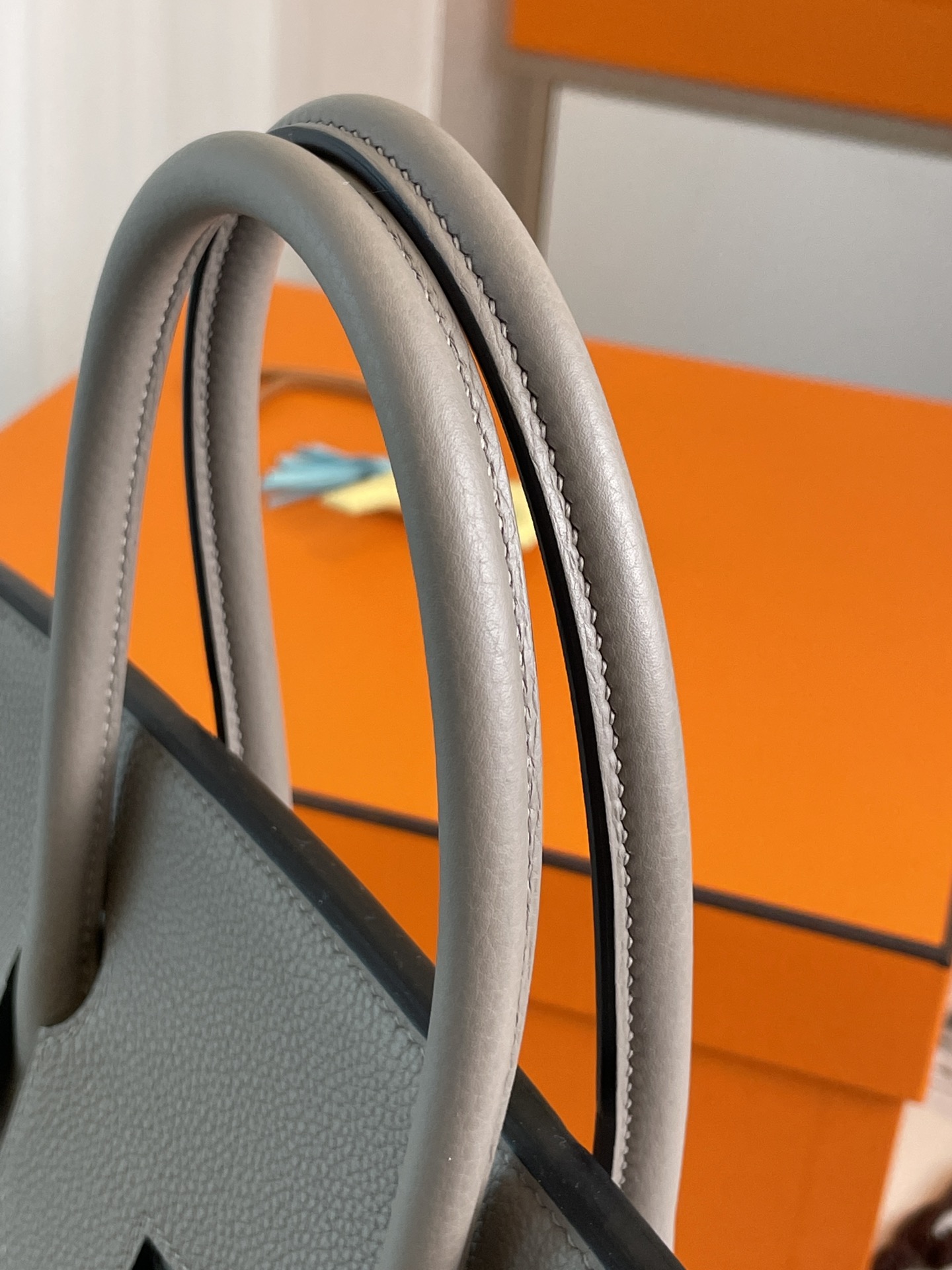 Bk35 asphalt grey togo leather with denim blue matte silver buckle