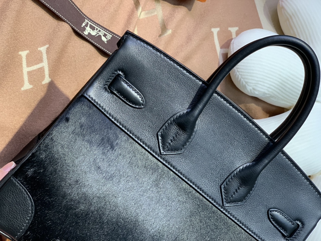 birkin25cm Imported fetal cow hair ➕ Black swift Full handmade gold buckle