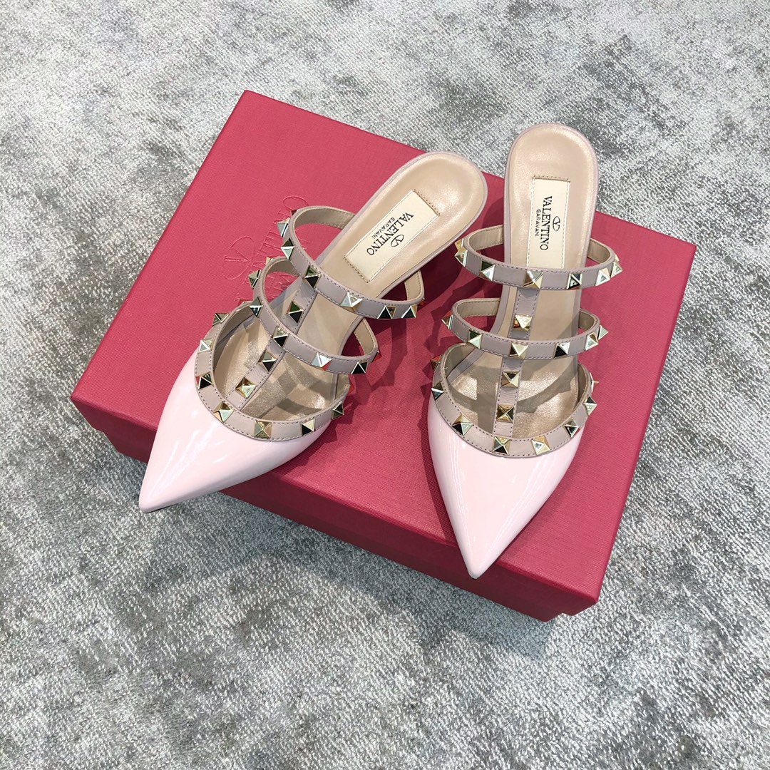 Valentino VT Collection Triple Strap Mid Heel Slipper 6.5CM Patent Leather Pink