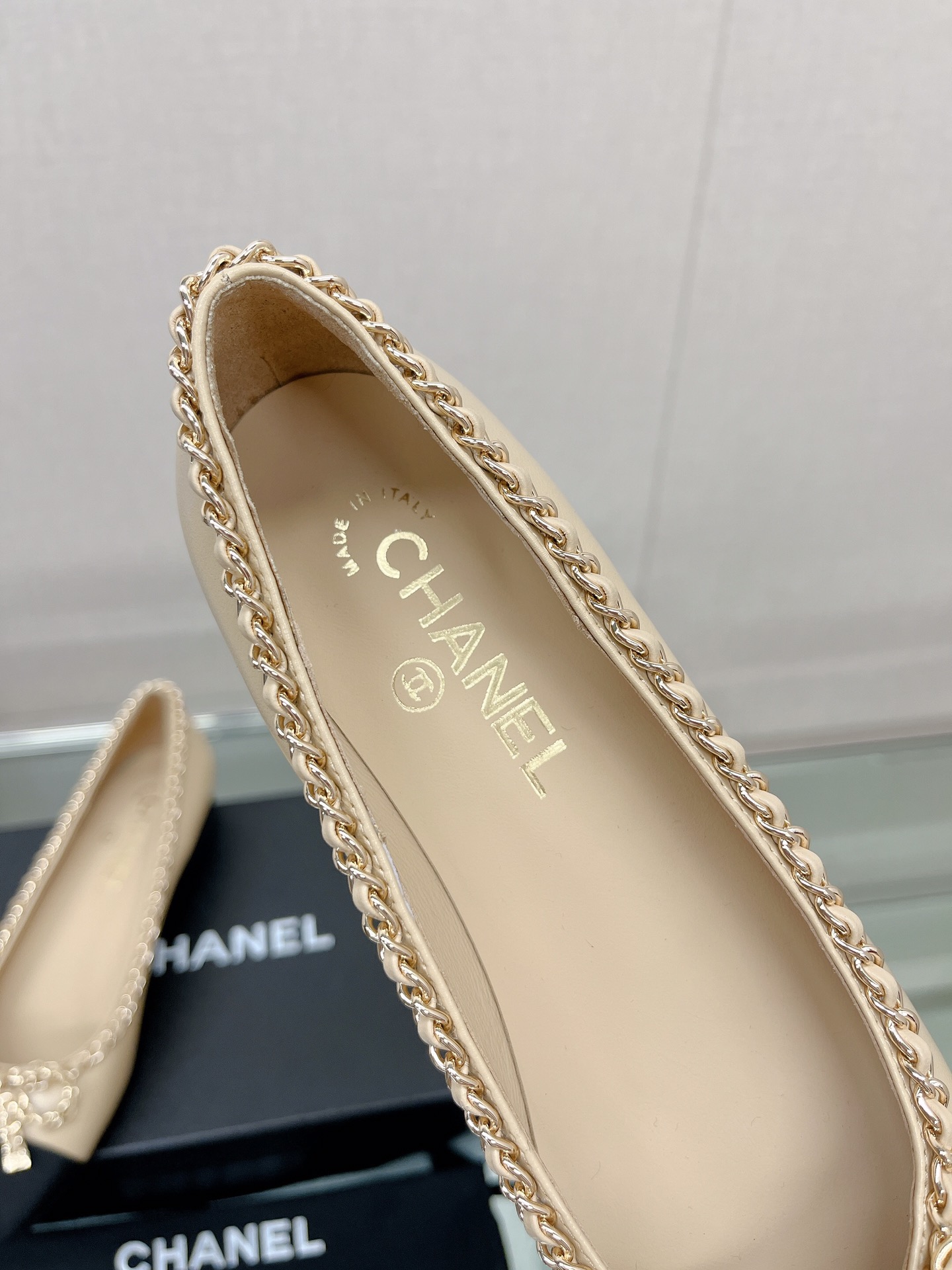 CHANEL 23Ss chain bow flat single shoes imported lambskin sheepskin lining