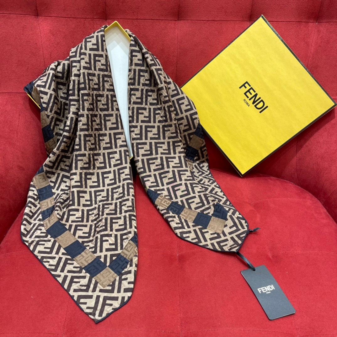 𝐅𝐞𝐧𝐝𝐢 Sand-washed twill silk three-dimensional jacquard square scarf 100% three-dimensional twill silk