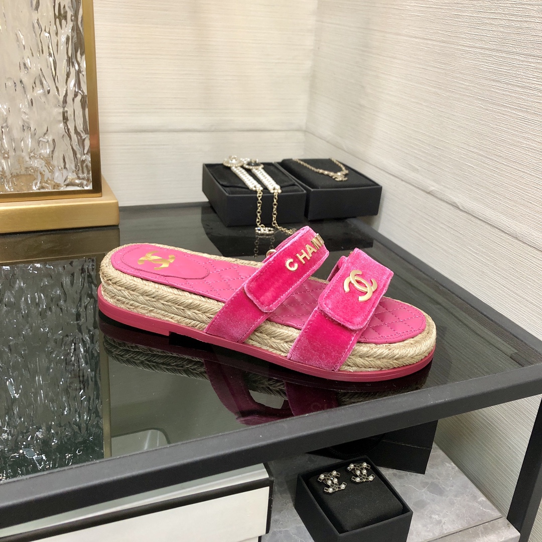 CHANEL 2023 spring and summer latest woven velcro slippers Italy imported multi-layer leather outsole