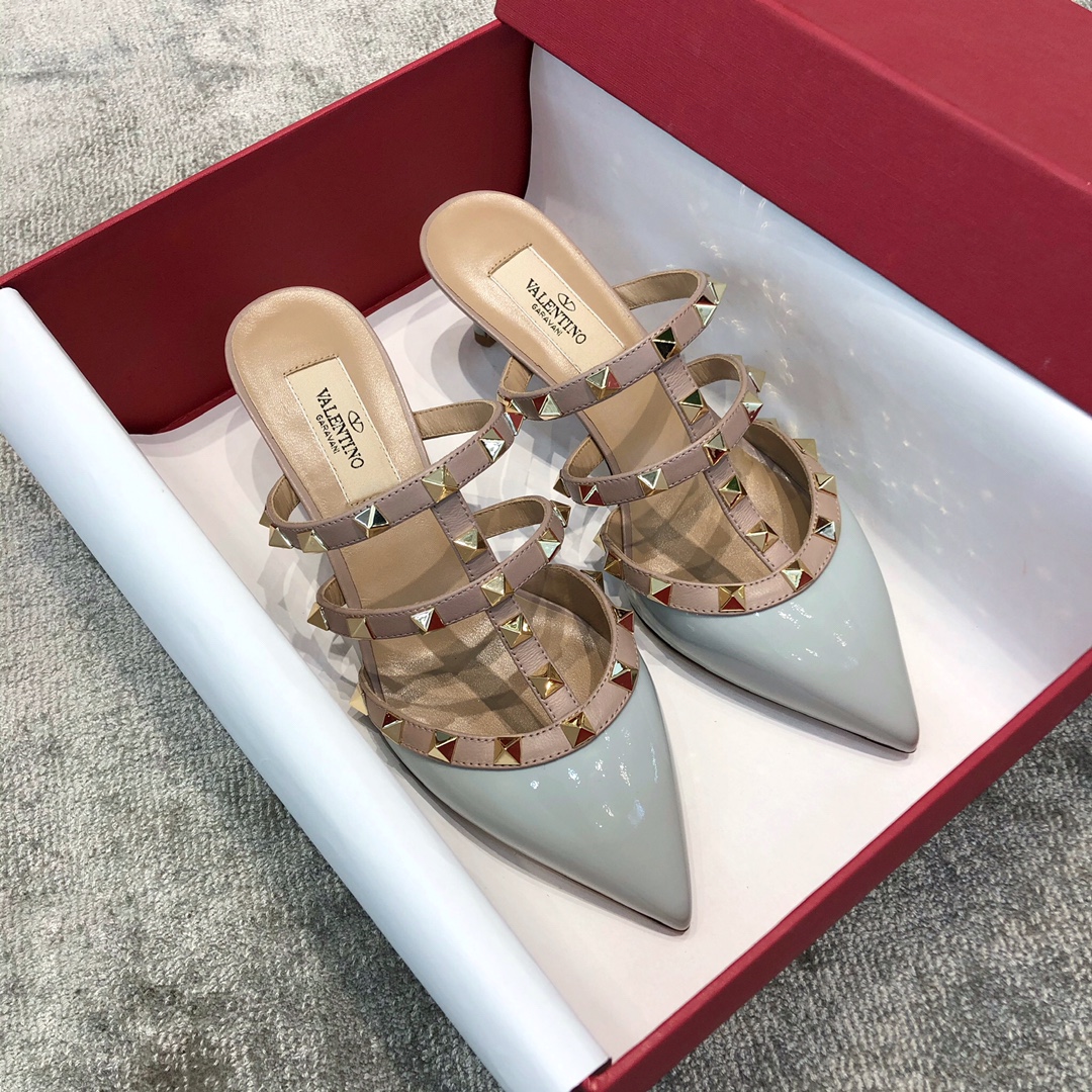 Valentino VT Collection Three Strap Low Heel Slipper 6.5CM Patent Leather Blue