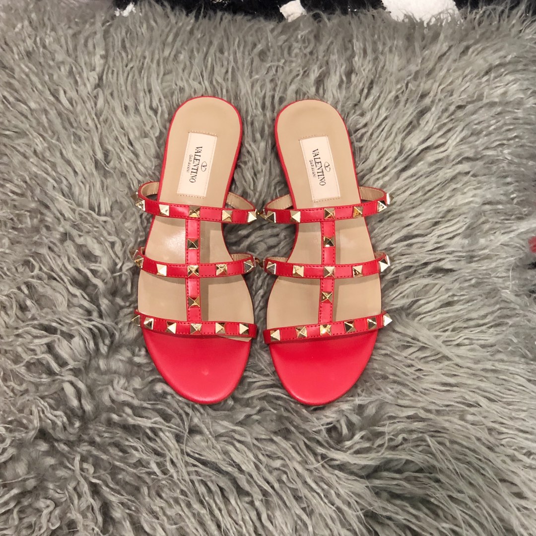 【Valentino】Valentino top version matte red 3 strap flat slippers