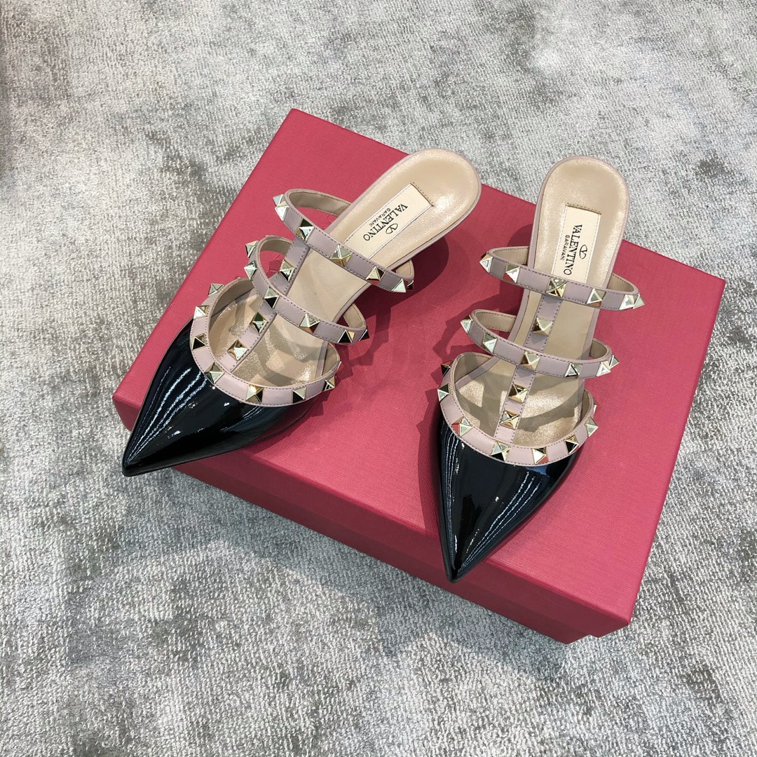 Valentino VT Collection Triple Strap Mid Heel Slipper 6.5CM Patent Leather Black