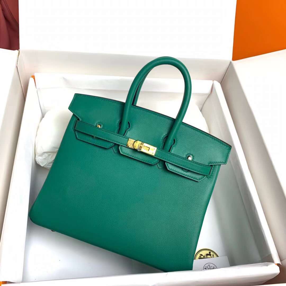 Birkin 25cm u4 velvet green gold buckle silver buckle Original swift calfskin top craftsmanship beeswax thread handmade