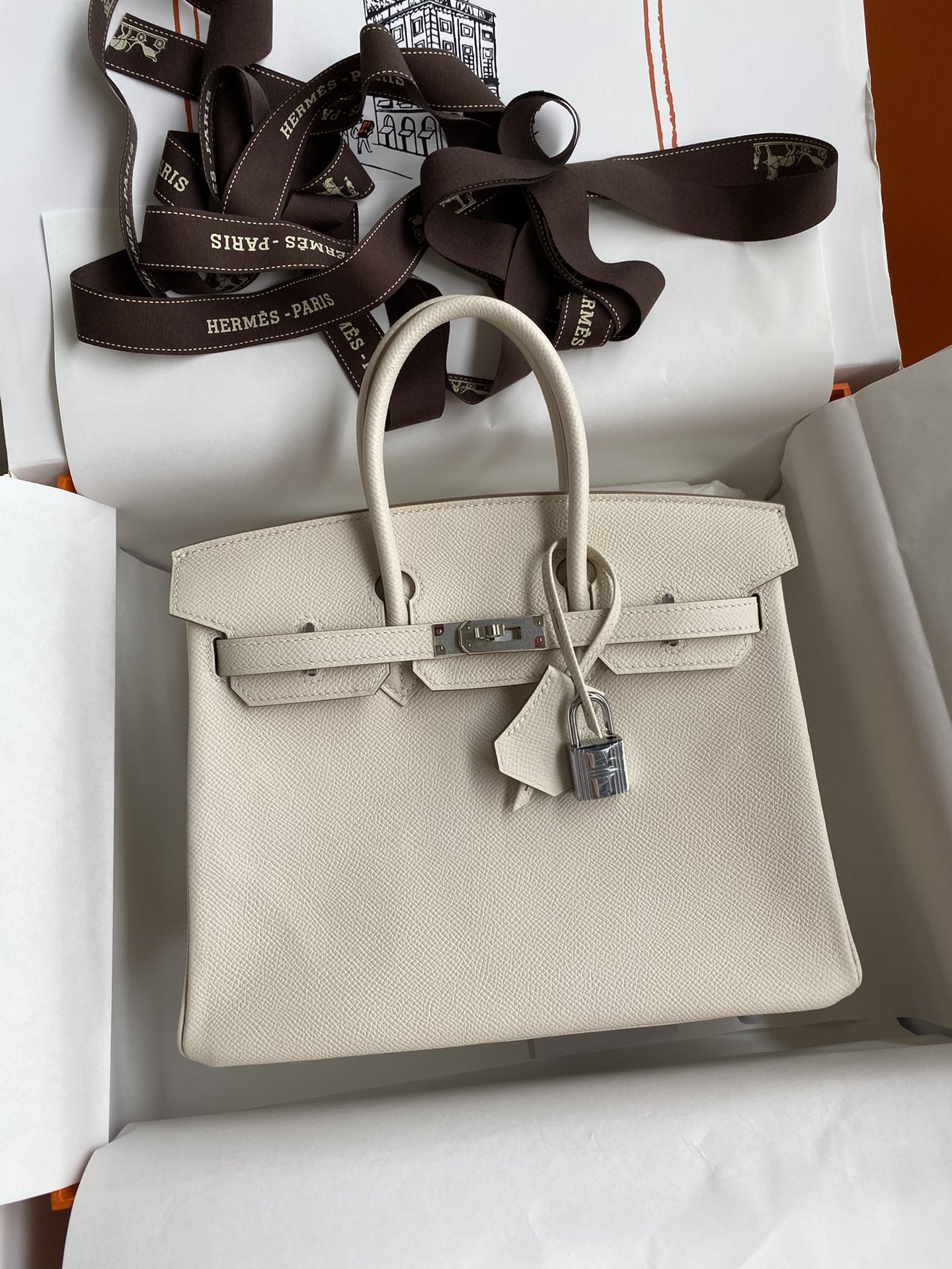 Birkin 25cm Epsom Leather Milkshake White Silver Buckle