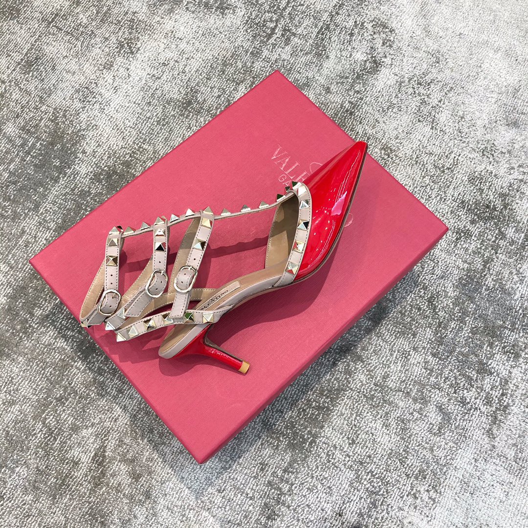 Valentino VT Collection Triple Strap Mid Heel 6.5cm Patent Leather Red