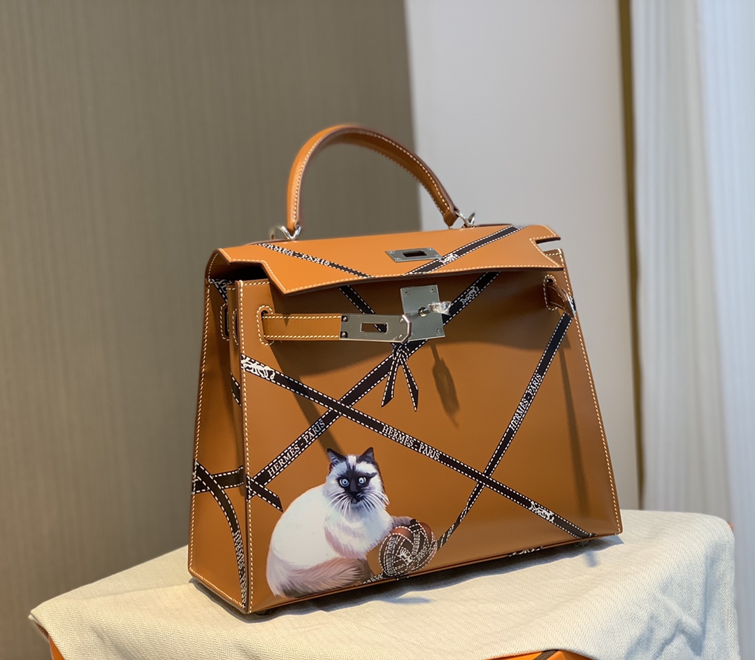 Kelly28 Imported box leather golden brown limited edition painted