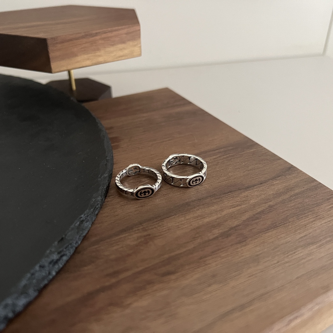 𝐆𝐮𝐜𝐜𝐢 925 sterling silver interlocking double G black enamel ring Size: 12# 14# 16# 18# 20# 22#