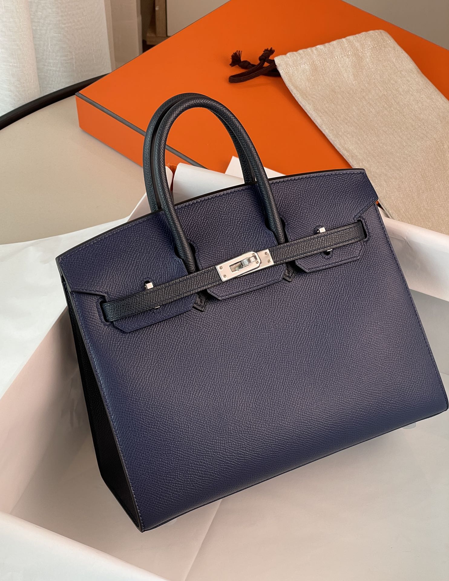 Birkin25 outer seam gemstone blue with midnight blue epsom leather horseshoe engraving