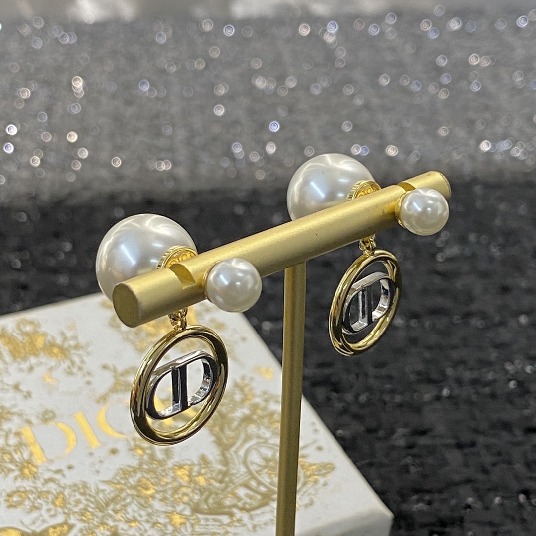 Dior Double Bead Round White Gold CD Pendant Stud Earrings