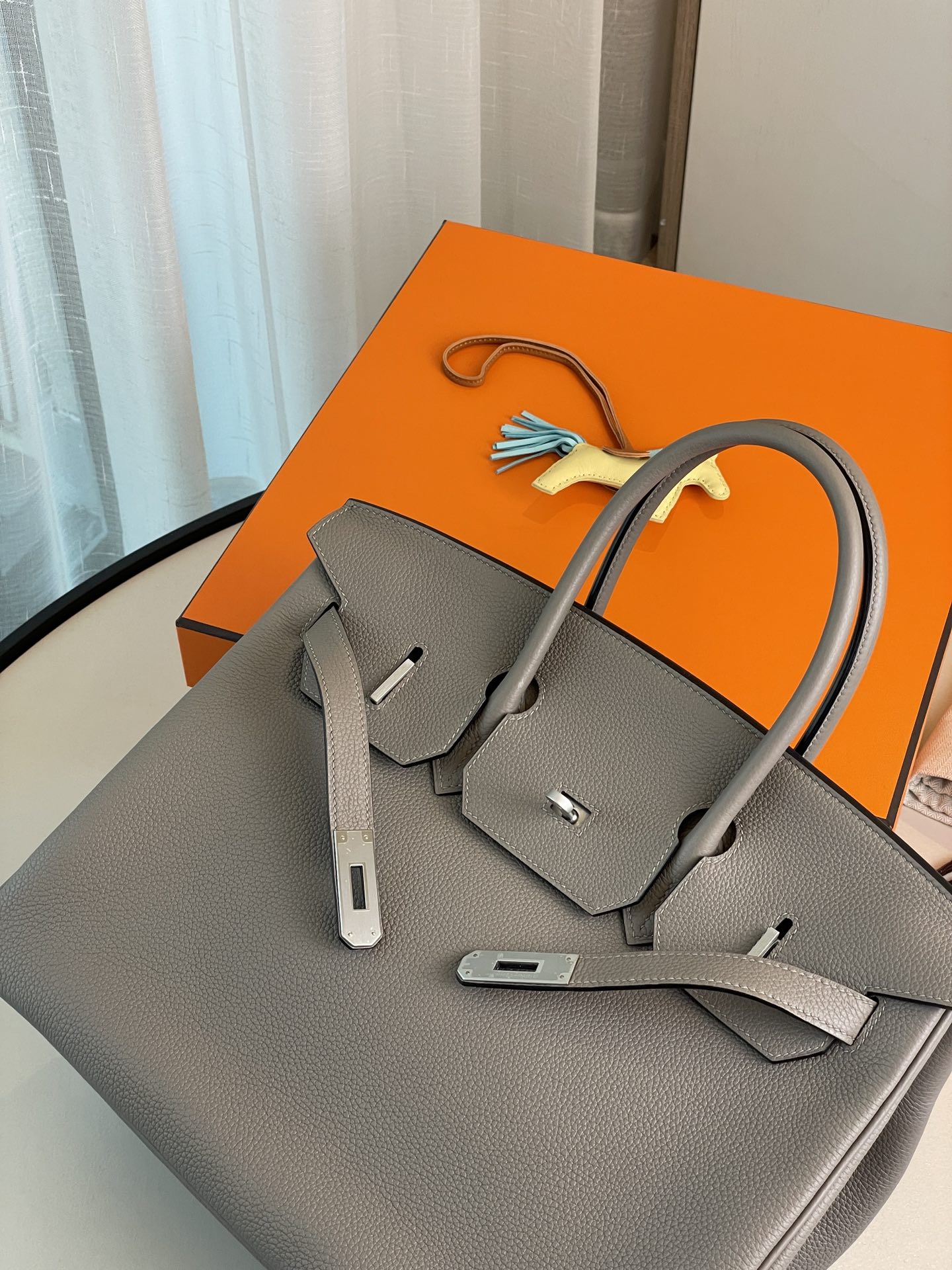 Bk35 asphalt grey togo leather with denim blue matte silver buckle