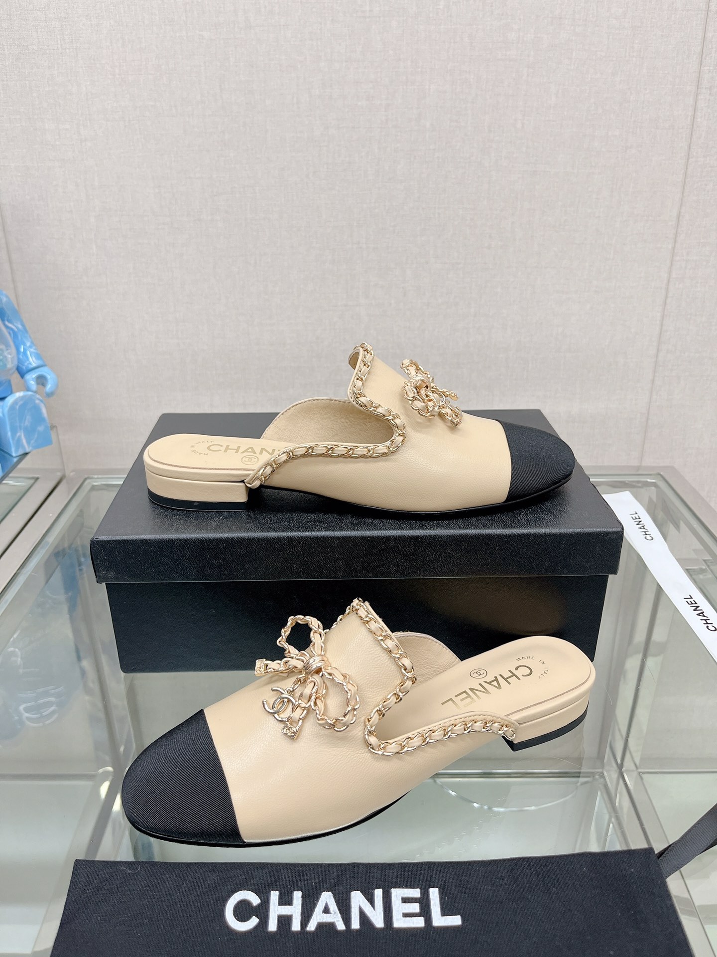CHANEL 23Ss new chain bow half dragging mule shoes imported lambskin