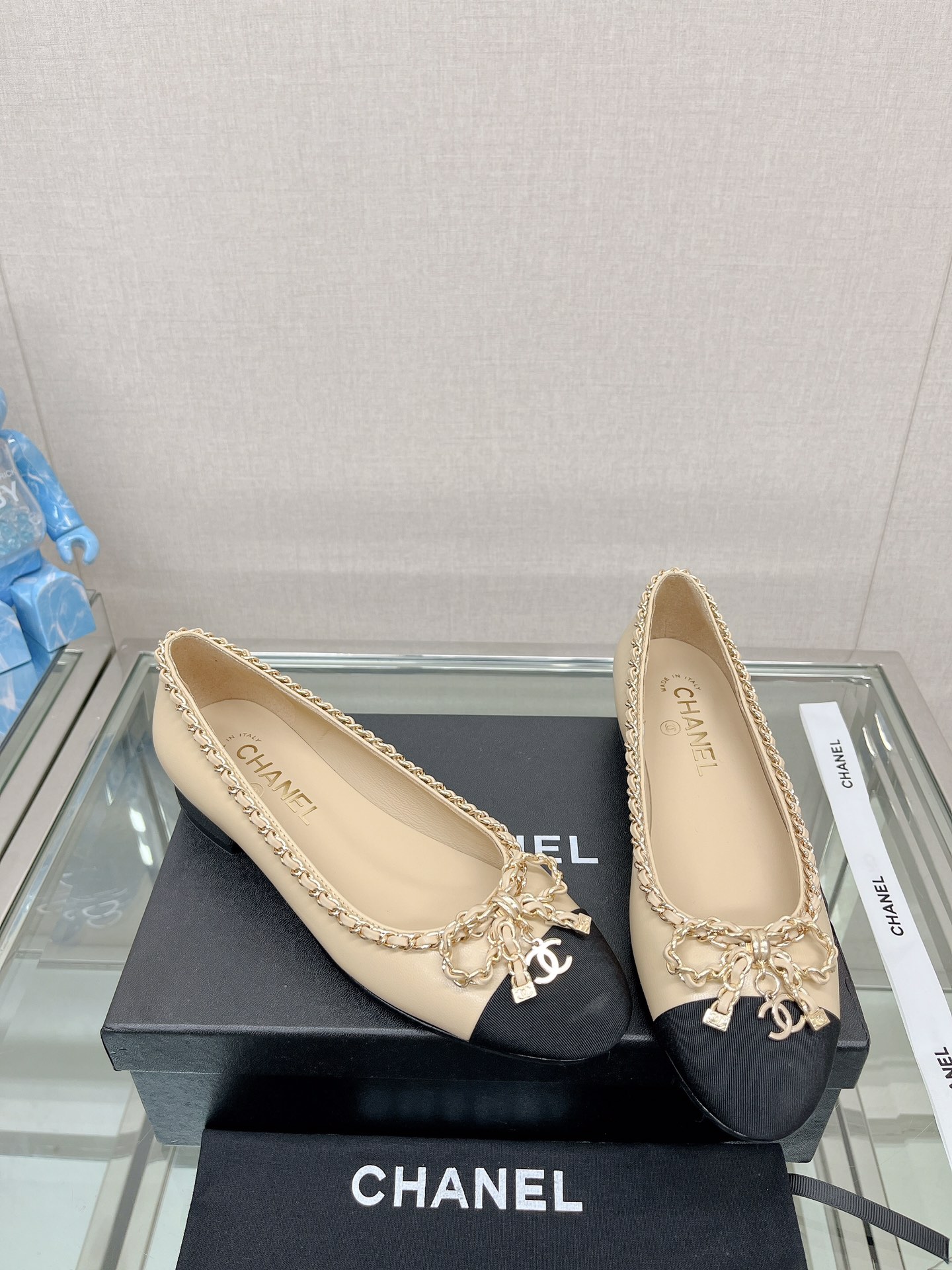 CHANEL 23Ss chain bow flat single shoes imported lambskin sheepskin lining
