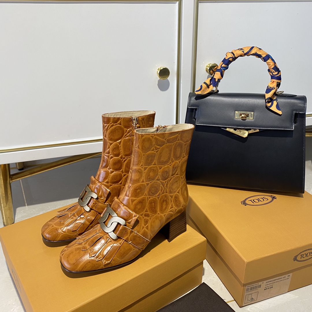 TOD'S 𝙏𝙊𝘿𝙎 Todds Thick heel short boots 2020 autumn and winter new women's shoes ladies cowhide fashion ankle boots