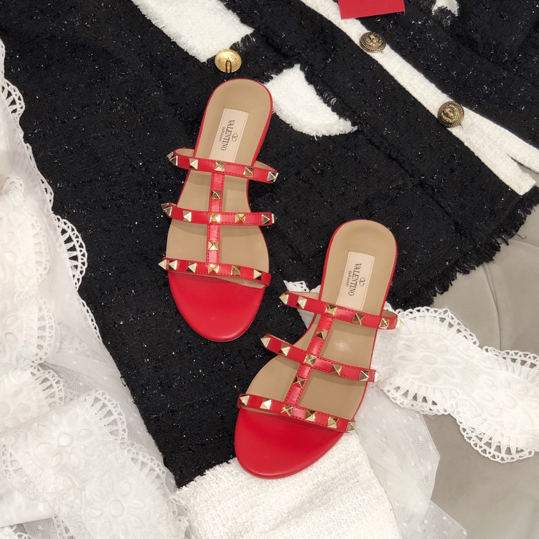 【Valentino】Valentino top version matte red 3 strap flat slippers