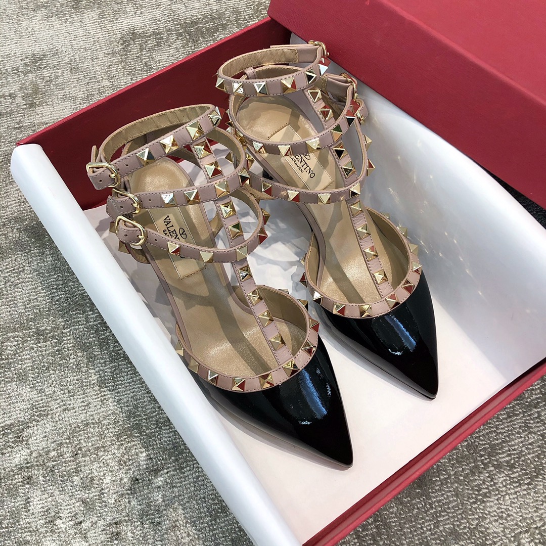 Valentino VT Collection Triple Strap Mid Heel 6.5cm Patent Leather Black