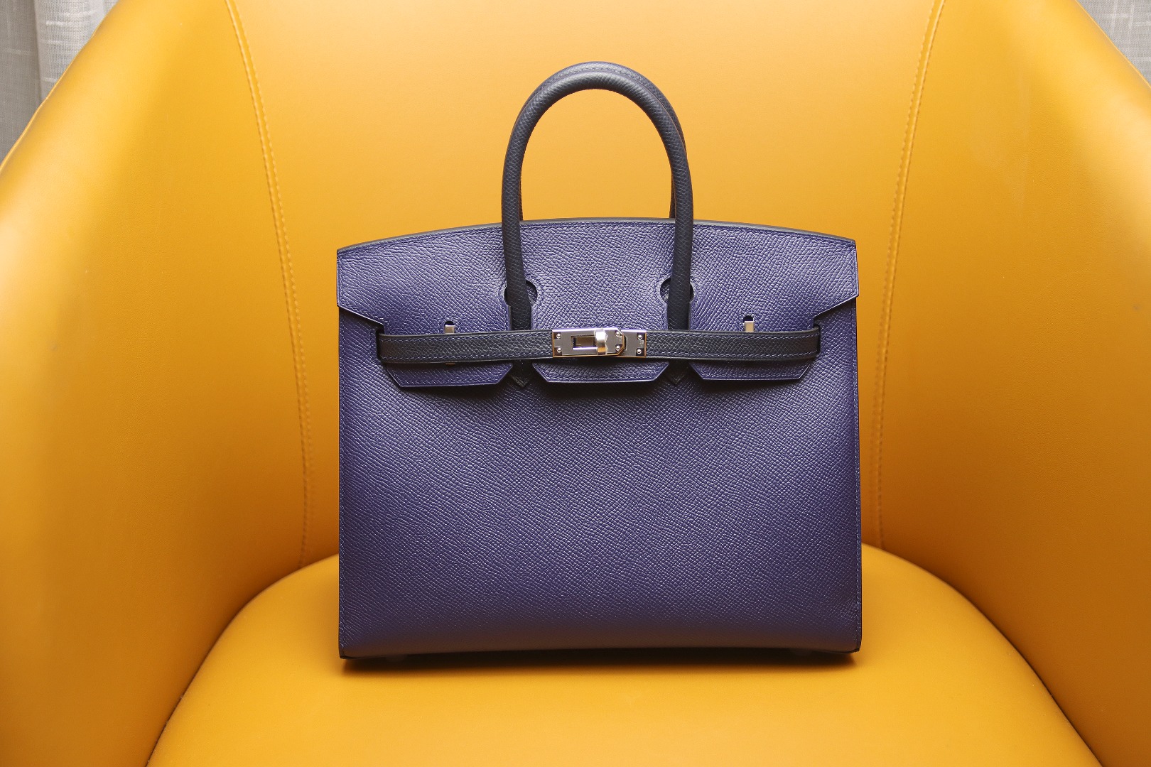 Birkin25 outer seam gemstone blue with midnight blue EPSOM silver buckle