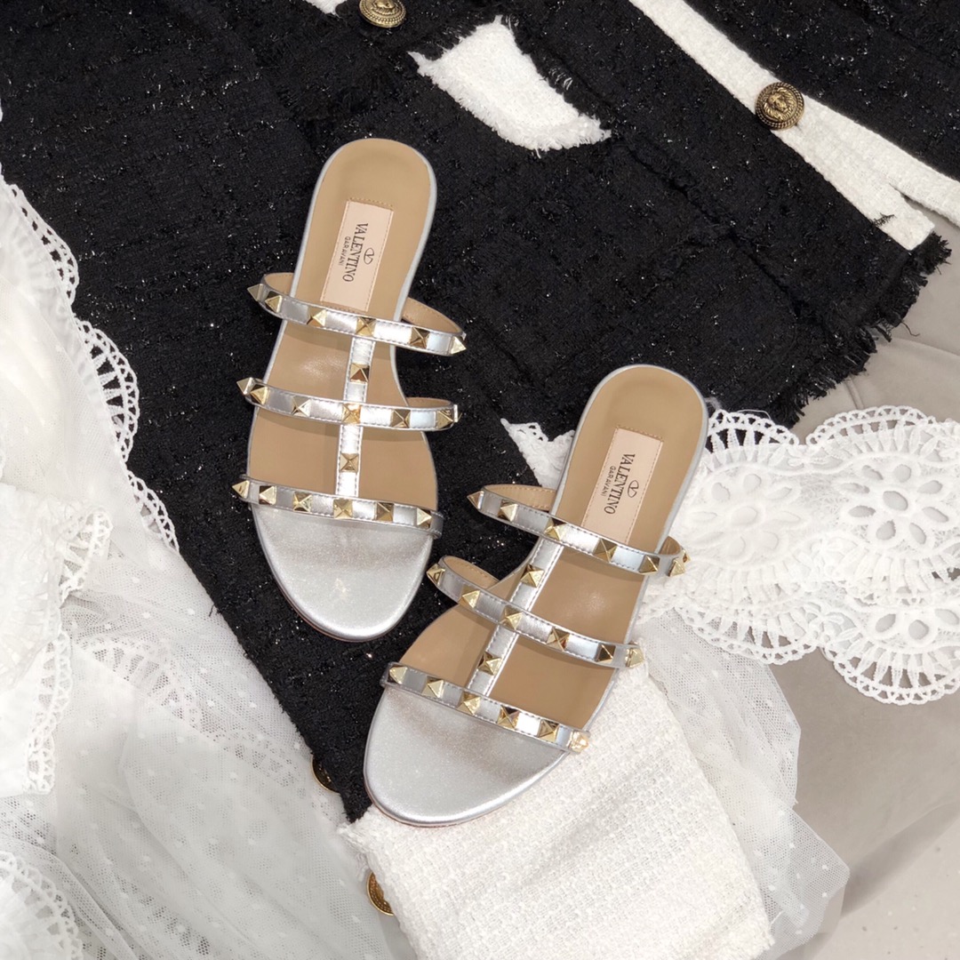 【Valentino】Valentino Top Edition Metallic Silver 3 Strap Flat Slippers