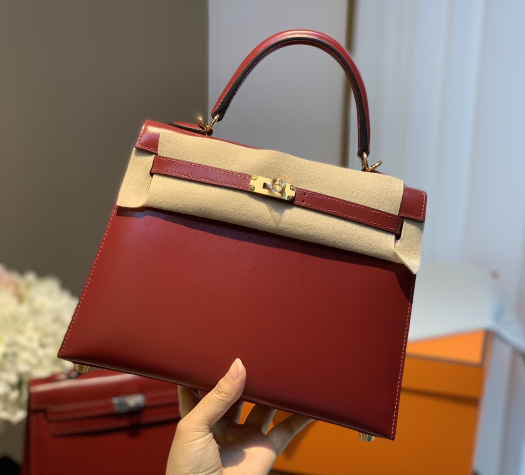 Kelly25 imported box leather Hermes red full handmade silver buckle