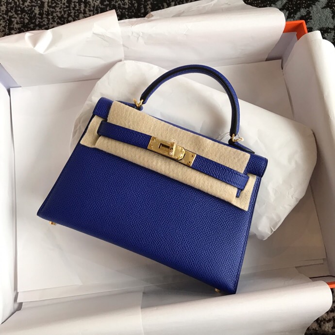 Mini second generation electric blue original epsom leather gold buckle