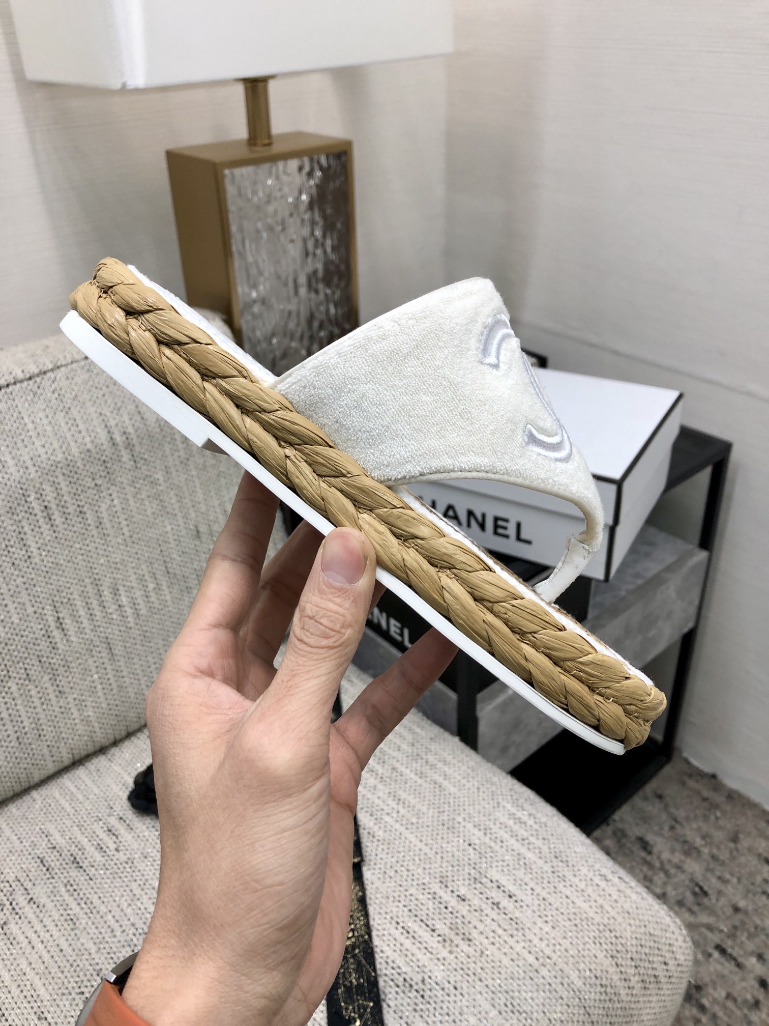 CHANEL 2022 knitted flip-flops fashionable and versatile series Imported custom towel fabric